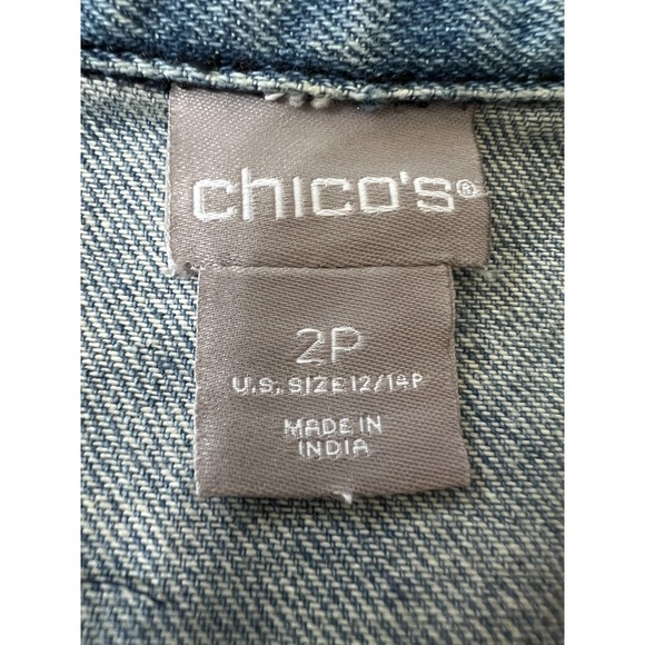 Chicos Denim Jacket Size 2P Embroidered Boho Bohemian Collarless Coastal - Picture 8 of 14